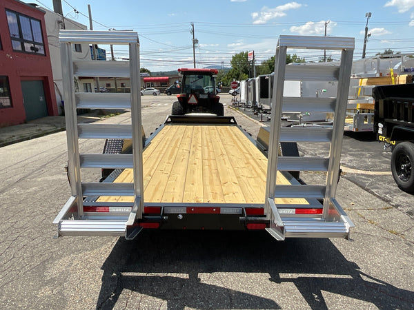 Moritz International Commercial Grade Equipment Trailer 81.5"x20' Moritz Black 14,000 GVWR, Cold Formed 8" I Beam, Aluminum Tool Box, Aluminum Ramps, Torsion Axles, 4 Bolt Forged Coupler, Tie Downs Between Fenders, HD Stake Pockets, 2 Year Warranty Moritz International