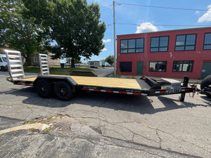 Moritz International Commercial Grade Equipment Trailer 81.5"x20' Moritz Black 14,000 GVWR, Cold Formed 8" I Beam, Aluminum Tool Box, Aluminum Ramps, Torsion Axles, 4 Bolt Forged Coupler, Tie Downs Between Fenders, HD Stake Pockets, 2 Year Warranty Moritz International
