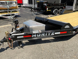 Moritz International Commercial Grade Equipment Trailer 81.5"x20' Moritz Black 14,000 GVWR, Cold Formed 8" I Beam, Aluminum Tool Box, Aluminum Ramps, Torsion Axles, 4 Bolt Forged Coupler, Tie Downs Between Fenders, HD Stake Pockets, 2 Year Warranty Moritz International