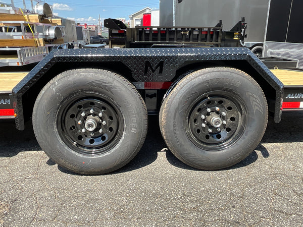 Moritz International Commercial Grade Equipment Trailer 81.5"x20' Moritz Black 14,000 GVWR, Cold Formed 8" I Beam, Aluminum Tool Box, Aluminum Ramps, Torsion Axles, 4 Bolt Forged Coupler, Tie Downs Between Fenders, HD Stake Pockets, 2 Year Warranty Moritz International