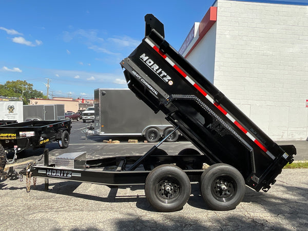 Moritz International DLBH610-10 10,000 GVWR Commercial Duty Dump Trailer, 10,000 GVWR Dump Trailer, Aluminum Ramps, 24" Sides, Torsion Axles, 8" I-Beam Frame, 4-Bolt Coupler, Stake Pockets, 2-Year Warranty