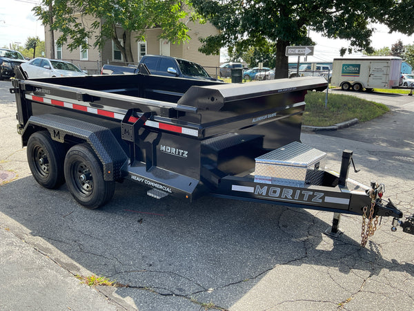 Moritz International DLBH610-10 10,000 GVWR Commercial Duty Dump Trailer, 10,000 GVWR Dump Trailer, Aluminum Ramps, 24" Sides, Torsion Axles, 8" I-Beam Frame, 4-Bolt Coupler, Stake Pockets, 2-Year Warranty