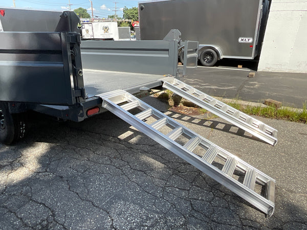 Moritz International Scissor Hoist Dump Trailer 81.5"x14' Charcoal, 14k GVWR, Cold Rolled 8" I-Beam, Torsion Axles, Aluminum Ramps, 24" Sides, Stake Pockets, Solar Charger, Hydraulic Jack, Tarp Kit, Forged 4-Bolt Coupler, 2 Year Warranty