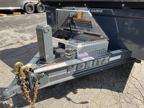 Moritz International Scissor Hoist Dump Trailer 81.5"x14' Charcoal, 14k GVWR, Cold Rolled 8" I-Beam, Torsion Axles, Aluminum Ramps, 24" Sides, Stake Pockets, Solar Charger, Hydraulic Jack, Tarp Kit, Forged 4-Bolt Coupler, 2 Year Warranty