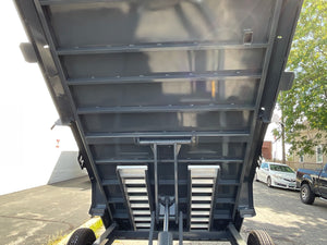 Moritz International Scissor Hoist Dump Trailer 81.5"x14' Charcoal, 14k GVWR, Cold Rolled 8" I-Beam, Torsion Axles, Aluminum Ramps, 24" Sides, Stake Pockets, Solar Charger, Hydraulic Jack, Tarp Kit, Forged 4-Bolt Coupler, 2 Year Warranty