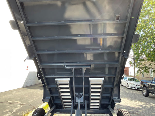 Moritz International Scissor Hoist Dump Trailer 81.5"x14' Charcoal, 14k GVWR, Cold Rolled 8" I-Beam, Torsion Axles, Aluminum Ramps, 24" Sides, Stake Pockets, Solar Charger, Hydraulic Jack, Tarp Kit, Forged 4-Bolt Coupler, 2 Year Warranty