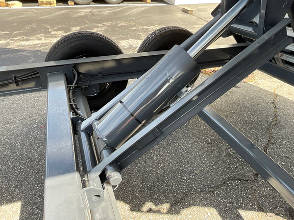 Moritz International Scissor Hoist Dump Trailer 81.5"x14' Charcoal, 14k GVWR, Cold Rolled 8" I-Beam, Torsion Axles, Aluminum Ramps, 24" Sides, Stake Pockets, Solar Charger, Hydraulic Jack, Tarp Kit, Forged 4-Bolt Coupler, 2 Year Warranty