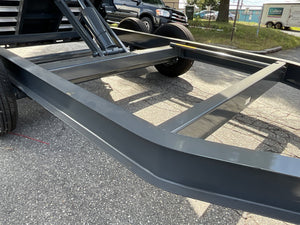 Moritz International Scissor Hoist Dump Trailer 81.5"x14' Charcoal, 14k GVWR, Cold Rolled 8" I-Beam, Torsion Axles, Aluminum Ramps, 24" Sides, Stake Pockets, Solar Charger, Hydraulic Jack, Tarp Kit, Forged 4-Bolt Coupler, 2 Year Warranty