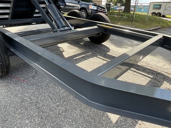 Moritz International Scissor Hoist Dump Trailer 81.5"x14' Charcoal, 14k GVWR, Cold Rolled 8" I-Beam, Torsion Axles, Aluminum Ramps, 24" Sides, Stake Pockets, Solar Charger, Hydraulic Jack, Tarp Kit, Forged 4-Bolt Coupler, 2 Year Warranty