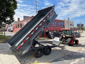 Moritz International Scissor Hoist Dump Trailer 81.5"x14' Charcoal, 14k GVWR, Cold Rolled 8" I-Beam, Torsion Axles, Aluminum Ramps, 24" Sides, Stake Pockets, Solar Charger, Hydraulic Jack, Tarp Kit, Forged 4-Bolt Coupler, 2 Year Warranty