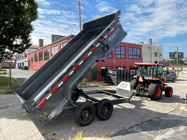 Moritz International Scissor Hoist Dump Trailer 81.5"x14' Charcoal, 14k GVWR, Cold Rolled 8" I-Beam, Torsion Axles, Aluminum Ramps, 24" Sides, Stake Pockets, Solar Charger, Hydraulic Jack, Tarp Kit, Forged 4-Bolt Coupler, 2 Year Warranty