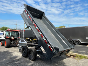 Moritz International Scissor Hoist Dump Trailer 81.5"x14' Charcoal, 14k GVWR, Cold Rolled 8" I-Beam, Torsion Axles, Aluminum Ramps, 24" Sides, Stake Pockets, Solar Charger, Hydraulic Jack, Tarp Kit, Forged 4-Bolt Coupler, 2 Year Warranty