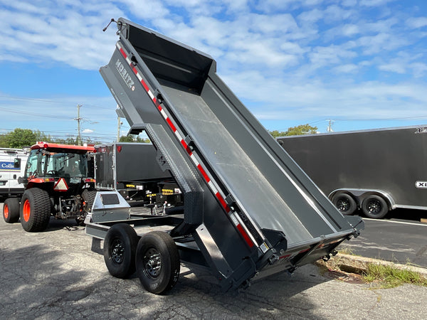 Moritz International Scissor Hoist Dump Trailer 81.5"x14' Charcoal, 14k GVWR, Cold Rolled 8" I-Beam, Torsion Axles, Aluminum Ramps, 24" Sides, Stake Pockets, Solar Charger, Hydraulic Jack, Tarp Kit, Forged 4-Bolt Coupler, 2 Year Warranty