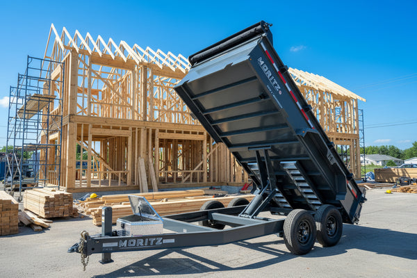 Moritz International Scissor Hoist Dump Trailer 81.5"x14' Charcoal, 14k GVWR, Cold Rolled 8" I-Beam, Torsion Axles, Aluminum Ramps, 24" Sides, Stake Pockets, Solar Charger, Hydraulic Jack, Tarp Kit, Forged 4-Bolt Coupler, 2 Year Warranty