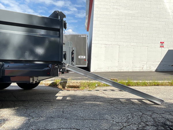 Moritz International Scissor Hoist Dump Trailer 81.5"x14' Charcoal, 14k GVWR, Cold Rolled 8" I-Beam, Torsion Axles, Aluminum Ramps, 24" Sides, Stake Pockets, Solar Charger, Hydraulic Jack, Tarp Kit, Forged 4-Bolt Coupler, 2 Year Warranty