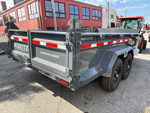 Moritz International Scissor Hoist Dump Trailer 81.5"x14' Charcoal, 14k GVWR, Cold Rolled 8" I-Beam, Torsion Axles, Aluminum Ramps, 24" Sides, Stake Pockets, Solar Charger, Hydraulic Jack, Tarp Kit, Forged 4-Bolt Coupler, 2 Year Warranty