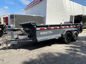 Moritz International Scissor Hoist Dump Trailer 81.5"x14' Charcoal, 14k GVWR, Cold Rolled 8" I-Beam, Torsion Axles, Aluminum Ramps, 24" Sides, Stake Pockets, Solar Charger, Hydraulic Jack, Tarp Kit, Forged 4-Bolt Coupler, 2 Year Warranty