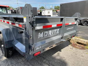 Moritz International Scissor Hoist Dump Trailer 81.5"x14' Charcoal, 14k GVWR, Cold Rolled 8" I-Beam, Torsion Axles, Aluminum Ramps, 24" Sides, Stake Pockets, Solar Charger, Hydraulic Jack, Tarp Kit, Forged 4-Bolt Coupler, 2 Year Warranty