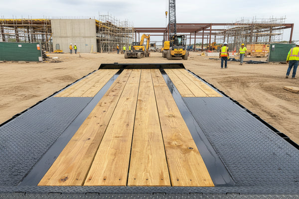 A heavy-duty flatbed trailer with natural wood deck planks and black diamond-plate side ramps, photographed in an outdoor lot with a tractor and cars visible in the background.