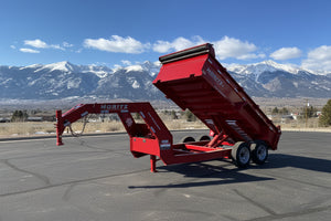 USED Gooseneck Dump Trailer 81.5"x14' Red Moritz - Scissors Hoist - Ramps - 16k GVWR Moritz International