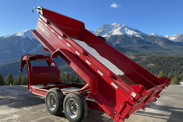 USED Gooseneck Dump Trailer 81.5"x14' Red Moritz - Scissors Hoist - Ramps - 16k GVWR Moritz International