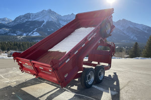 USED Gooseneck Dump Trailer 81.5"x14' Red Moritz - Scissors Hoist - Ramps - 16k GVWR Moritz International