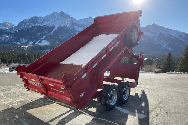 USED Gooseneck Dump Trailer 81.5"x14' Red Moritz - Scissors Hoist - Ramps - 16k GVWR Moritz International