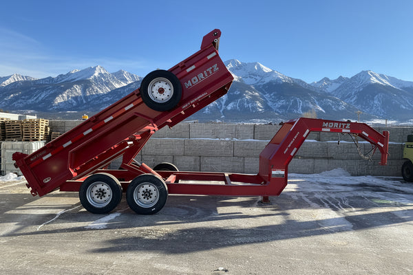 USED Gooseneck Dump Trailer 81.5"x14' Red Moritz - Scissors Hoist - Ramps - 16k GVWR Moritz International