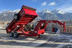 USED Gooseneck Dump Trailer 81.5"x14' Red Moritz - Scissors Hoist - Ramps - 16k GVWR Moritz International