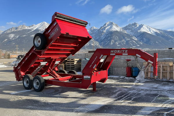 USED Gooseneck Dump Trailer 81.5"x14' Red Moritz - Scissors Hoist - Ramps - 16k GVWR Moritz International