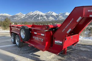USED Gooseneck Dump Trailer 81.5"x14' Red Moritz - Scissors Hoist - Ramps - 16k GVWR Moritz International