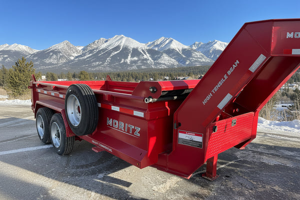 USED Gooseneck Dump Trailer 81.5"x14' Red Moritz - Scissors Hoist - Ramps - 16k GVWR Moritz International