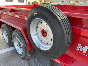 USED Gooseneck Dump Trailer 81.5"x14' Red Moritz - Scissors Hoist - Ramps - 16k GVWR Moritz International