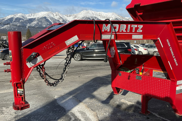 USED Gooseneck Dump Trailer 81.5"x14' Red Moritz - Scissors Hoist - Ramps - 16k GVWR Moritz International