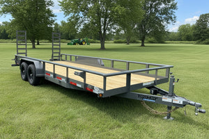 Top Hat Trailers 83"x20' Heavy Pipe Utility Trailer 20x83" HP10 Grey 10K GVWR, 5' Spring Assist Fold Up Ramps w/adj. Knees, 10k Drop Jack, 3" Top Rail, Forged Coupler, Dexter Axles, Valspar Paint Top Hat Trailers