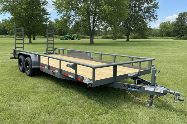 Top Hat Trailers 83"x20' Heavy Pipe Utility Trailer 20x83" HP10 Grey 10K GVWR, 5' Spring Assist Fold Up Ramps w/adj. Knees, 10k Drop Jack, 3" Top Rail, Forged Coupler, Dexter Axles, Valspar Paint Top Hat Trailers