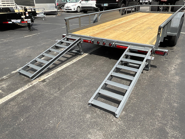 Top Hat Trailers 83"x20' Heavy Pipe Utility Trailer 20x83" HP10 Grey 10K GVWR, 5' Spring Assist Fold Up Ramps w/adj. Knees, 10k Drop Jack, 3" Top Rail, Forged Coupler, Dexter Axles, Valspar Paint Top Hat Trailers