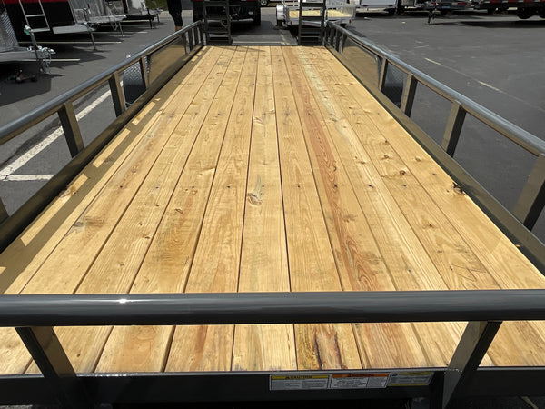 Top Hat Trailers 83"x20' Heavy Pipe Utility Trailer 20x83" HP10 Grey 10K GVWR, 5' Spring Assist Fold Up Ramps w/adj. Knees, 10k Drop Jack, 3" Top Rail, Forged Coupler, Dexter Axles, Valspar Paint Top Hat Trailers