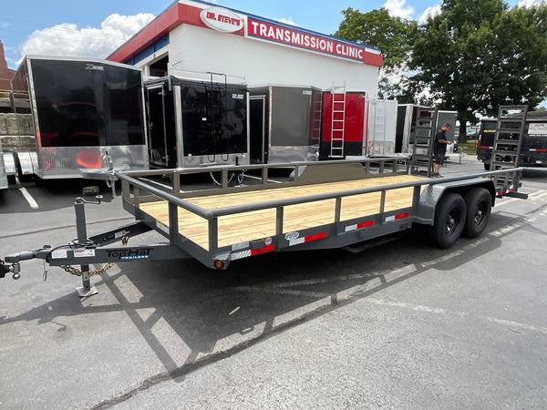 Top Hat Trailers 83"x20' Heavy Pipe Utility Trailer 20x83" HP10 Grey 10K GVWR, 5' Spring Assist Fold Up Ramps w/adj. Knees, 10k Drop Jack, 3" Top Rail, Forged Coupler, Dexter Axles, Valspar Paint Top Hat Trailers