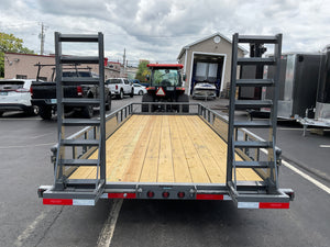 Top Hat Trailers 83"x20' Heavy Pipe Utility Trailer 20x83" HP10 Grey 10K GVWR, 5' Spring Assist Fold Up Ramps w/adj. Knees, 10k Drop Jack, 3" Top Rail, Forged Coupler, Dexter Axles, Valspar Paint Top Hat Trailers