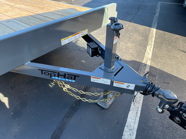 Top Hat Trailers Deluxe Open Car Hauler Trailer 83"x20' BCH, Charcoal Grey, 10K GVWR, 7k Drop Jack, Side Steps, 2' Beaver Tail, Forged Coupler, Slide-N-Ramp 5' Angle, Stabilizer Jacks, Dexter Axles, Valspar Paint, 3 Year Warranty Top Hat Trailers