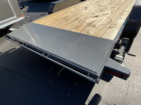 Top Hat Trailers Deluxe Open Car Hauler Trailer 83"x20' BCH, Charcoal Grey, 10K GVWR, 7k Drop Jack, Side Steps, 2' Beaver Tail, Forged Coupler, Slide-N-Ramp 5' Angle, Stabilizer Jacks, Dexter Axles, Valspar Paint, 3 Year Warranty Top Hat Trailers