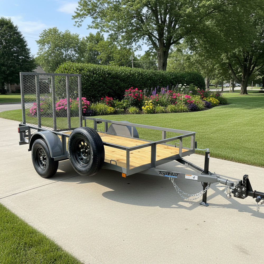 Top Hat Trailers Open Utility Trailer 60"x8' Derby Junior Express DJX Charcoal Grey 2,990# GVWR, Mesh Ramp, Forged Coupler, 2k Tongue Jack, Dexter Axle, Valspar Paint Top Hat Trailers