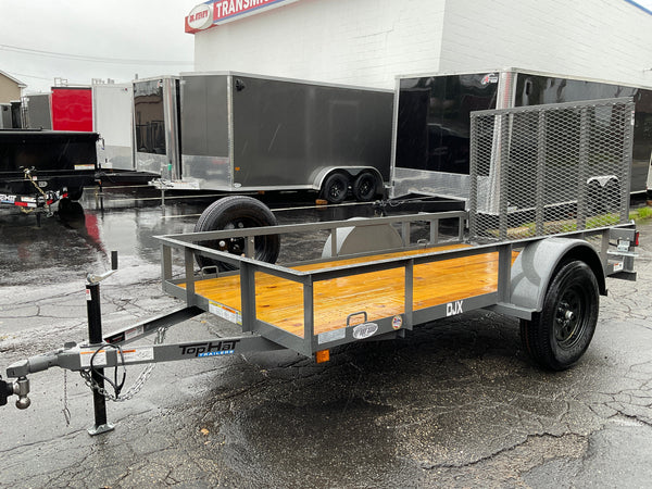Top Hat Trailers Open Utility Trailer 60"x8' Derby Junior Express DJX Charcoal Grey 2,990# GVWR, Mesh Ramp, Forged Coupler, 2k Tongue Jack, Dexter Axle, Valspar Paint Top Hat Trailers