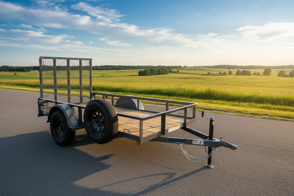 A gray metal utility trailer with wooden deck flooring and a rear mesh side gate, parked on an outdoor lot with other trailers and buildings in the background.