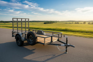 A gray metal utility trailer with wooden deck flooring and a rear mesh side gate, parked on an outdoor lot with other trailers and buildings in the background.