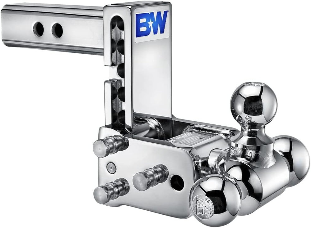 B&W Trailer Hitches TS10048C Trailer Hitch Ball Mount; Tow & Stow Model 8; Class IV; Fits 2 Inch Receiver; 10000 Pound Gross Trailer Weight/ 1000 Pound Tongue Weight; 5 Inch Drop/ 5-1/2 Inch Rise; Tri Ball-1-7/8 Inch And 2 Inch And 2-5/16 Inch; Chrome