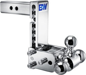 B&W Trailer Hitches TS10049C Trailer Hitch Ball Mount; Tow & Stow Model 10; Class IV; Fits 2 Inch Receiver; 10000 Pound Gross Trailer Weight/ 1000 Pound Tongue Weight; 7 Inch Drop/ 7-1/2 Inch Rise; Tri Ball-1-7/8 Inch And 2 Inch And 2-5/16 Inch; Chrome
