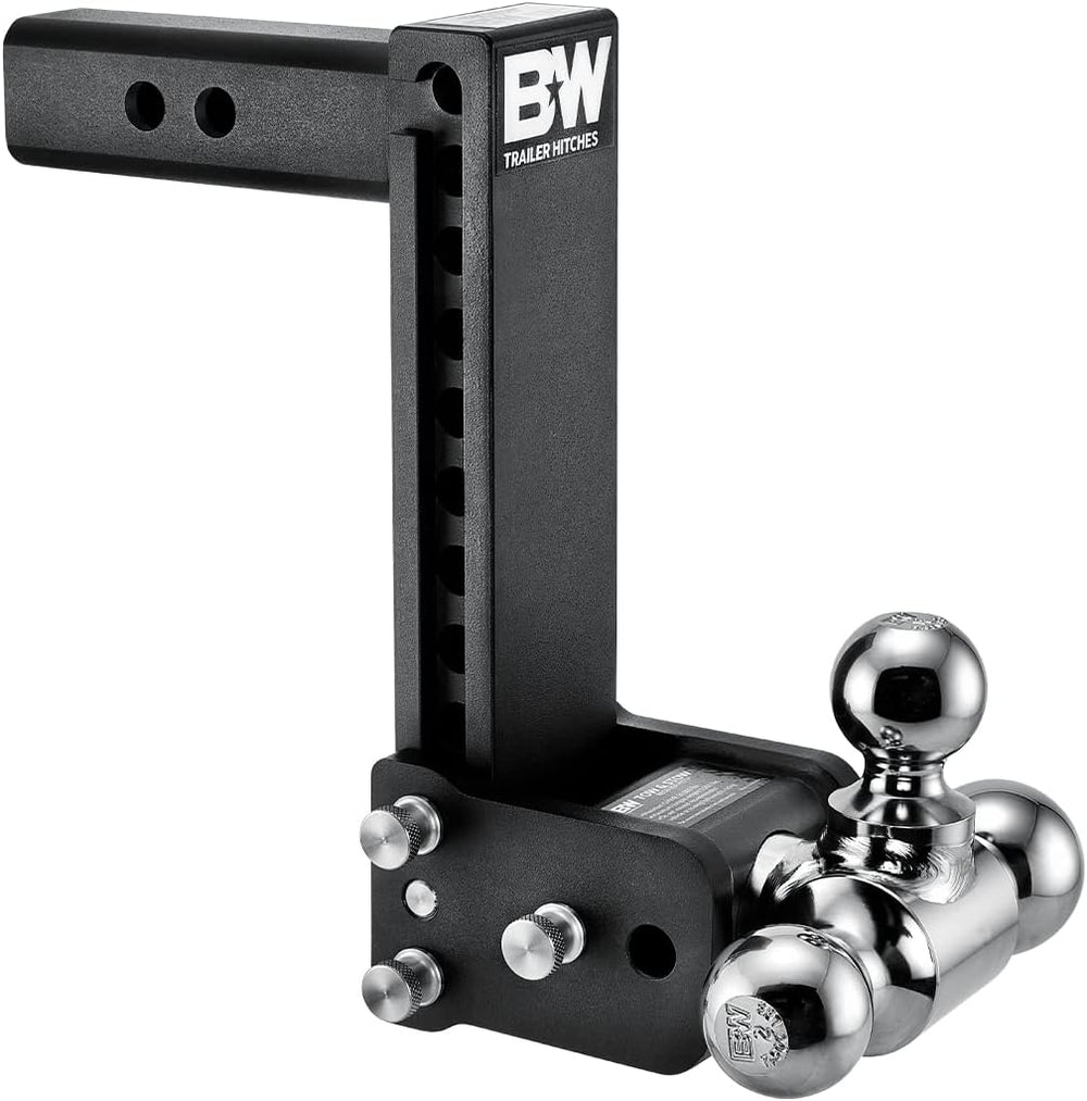 B&W Trailer Hitches TS10050B Trailer Hitch Ball Mount; Tow & Stow Model 12; Class IV; Fits 2 Inch Receiver; 10000 Pound Gross Trailer Weight/ 1000 Pound Tongue Weight; 9 Inch Drop/ 9-1/2 Inch Rise; Tri Ball-1-7/8 Inch And 2 Inch And 2-5/16 Inch; Black
