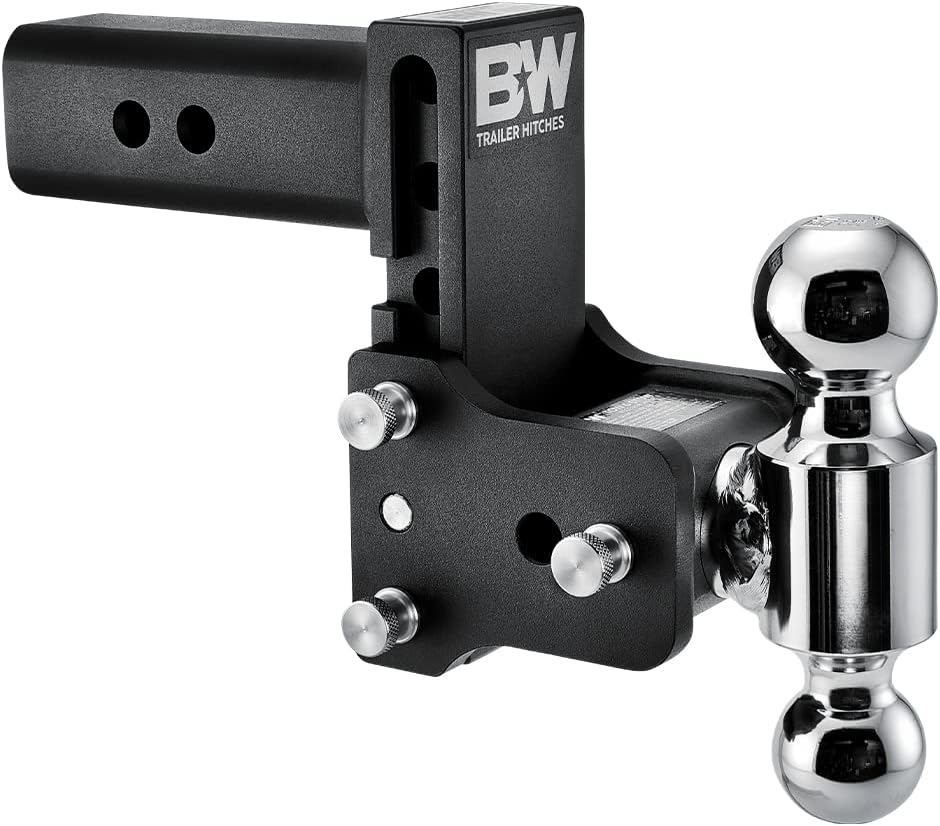 B&W Trailer Hitches TS20037B Trailer Hitch Ball Mount; Tow & Stow ™; Class V; Fits 2-1/2 Inch Receiver; 14500 Pound GTW/ 1450 Pound TW; 5 Inch Drop/ 4-1/2 Inch Rise; Dual Ball 2 Inch ( Rated at 7500 Pounds) and 2-5/16 Inch (Rated at 14500 Pounds); Black